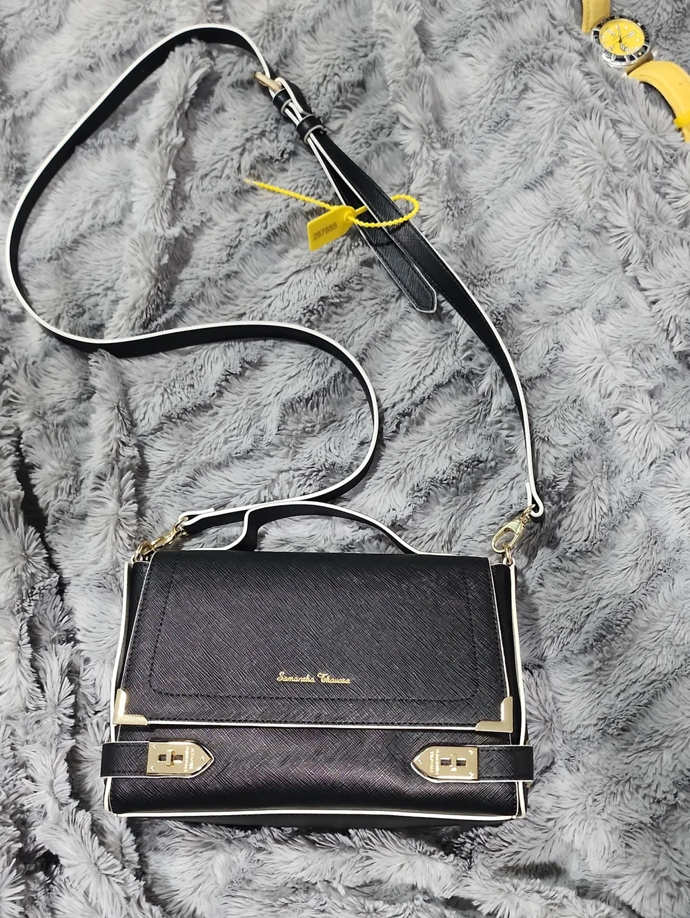 Samantha Thavasa Black Crossbody Bag with White Trim and Gold Hardware